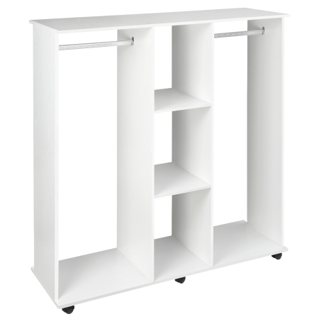Mobila dormitor -  Dulap Garderoba pe Roti cu 2 Bare si 3 Rafturi Deschise, din Lemn si Aluminiu, 120x40x128 cm, Alb
