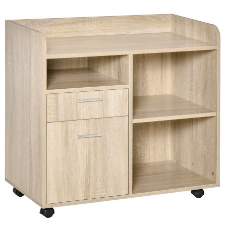 Dulapuri birou -  Dulap Imprimanta Birou Multifunctional 80x40x72 cm, Dulap Joasa cu Sertare, Rafturi, 4 Roti, Culoare Stejar
