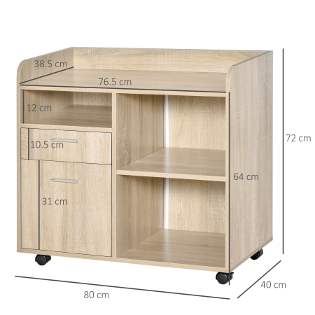  Dulap Imprimanta Birou Multifunctional 80x40x72 cm, Dulap Joasa cu Sertare, Rafturi, 4 Roti, Culoare Stejar [2]