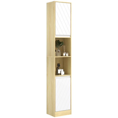 Baie -  Dulap inalt de Baie Spatios, Mobilier de Baie cu 2 Dulapuri si Rafturi Reglabile, 30x24x170 cm, Lemn Natural