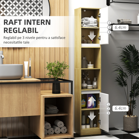  Dulap inalt de Baie Spatios, Mobilier de Baie cu 2 Dulapuri si Rafturi Reglabile, 30x24x170 cm, Lemn Natural [5]