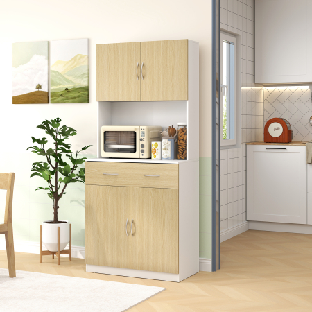  Dulap inalt de Bucatarie cu 2 Usi, Sertar, Bufet inalt din Lemn cu Rafturi Reglabile, 80x40x180 cm, Lemn Natural [1]