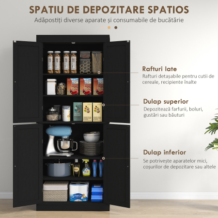  Dulap inalt de Bucatarie cu 6 Rafturi Reglabile si 4 Usi din Lemn, 76x40.5x184 cm, Negru [3]