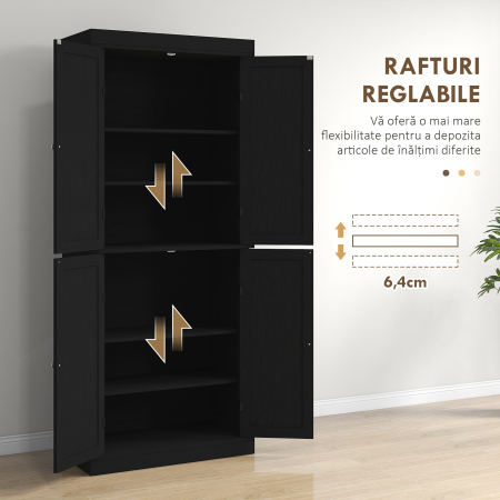  Dulap inalt de Bucatarie cu 6 Rafturi Reglabile si 4 Usi din Lemn, 76x40.5x184 cm, Negru [4]