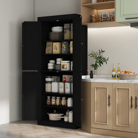  Dulap inalt de Bucatarie cu 6 Rafturi Reglabile si 4 Usi din Lemn, 76x40.5x184 cm, Negru [1]