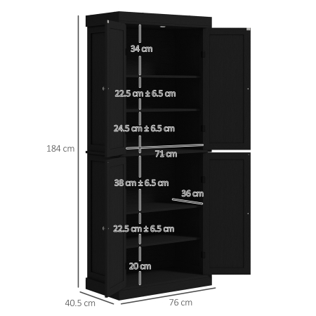  Dulap inalt de Bucatarie cu 6 Rafturi Reglabile si 4 Usi din Lemn, 76x40.5x184 cm, Negru [2]