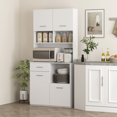  Dulap inalt pentru Bucatarie cu Sertar, 4 Dulapuri si 3 Spatii Deschise, 80x35x180 cm, Alb [1]