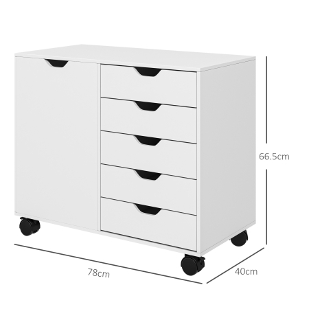  Dulap Lateral cu 5 Sertare, Dulap cu Raft Reglabil, Mobilier pentru Birou pe Roti, Suport pentru Imprimanta pentru Biroul de Acasa, Alb [2]