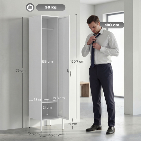  Dulap Metalic Slim cu Usa Blocabila si Suport pentru Etichete, Dulap Multi-Functional cu Bara pentru Haine, Rafturi, pentru Casa sau Birou, 40x40x179 cm, Alb [2]