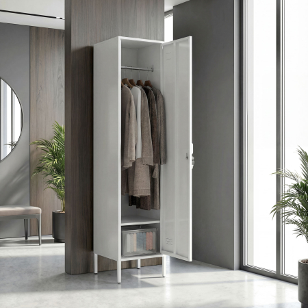  Dulap Metalic Slim cu Usa Blocabila si Suport pentru Etichete, Dulap Multi-Functional cu Bara pentru Haine, Rafturi, pentru Casa sau Birou, 40x40x179 cm, Alb [1]
