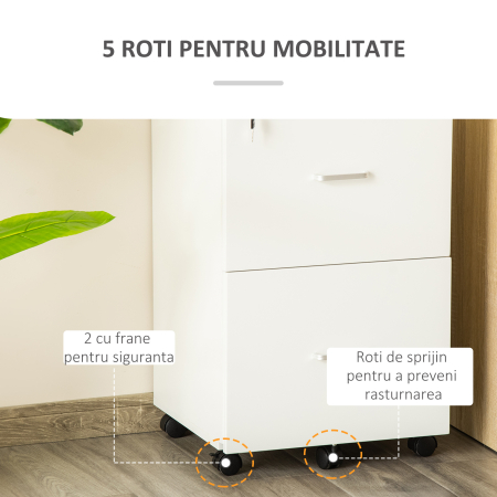  Dulap mobil pentru dosare cu 2 sertare, cu blocare, dulap de birou din lemn cu roti de blocare pentru A4, Letter, alb [5]