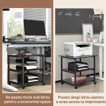  Dulap mobil pentru imprimanta cu 3 rafturi si 4 roti, lemn si otel, 50x50x52,5cm, negru [5]
