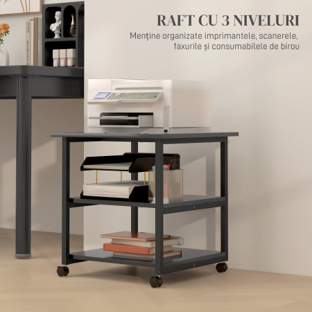  Dulap mobil pentru imprimanta cu 3 rafturi si 4 roti, lemn si otel, 50x50x52,5cm, negru [3]