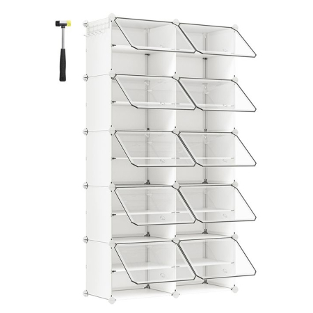 Rafturi si depozitare - Dulap modular pantofi cu 10 compartimente, cu usi transparente, 83x32x156 cm, alb