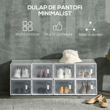  Dulap Modular pentru Pantofi cu 8 Cuburi de Depozitare si Usa Magnetica, din PP, 25x35x19 cm, Alb si Transparent [3]