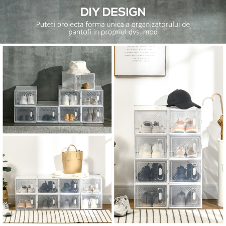  Dulap Modular pentru Pantofi cu 8 Cuburi de Depozitare si Usa Magnetica, din PP, 25x35x19 cm, Alb si Transparent [5]