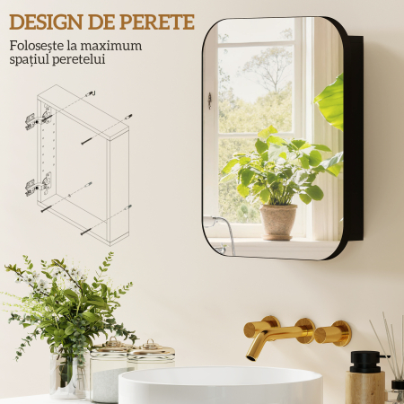  Dulap Oglinda pentru Baie cu 2 Usi Soft Close, Mobilier de Baie cu Oglinda, Rafturi Ajustabile, Dulap Suspendat Economisitor de Spatiu din Sticla, Negru [3]