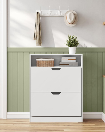 Dulap pantofi 80x24x102 cm, cu 2 usi rabatabile, separator reglabil si raft superior, PAL alb mat [7]