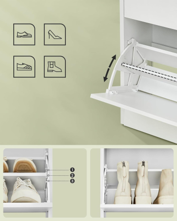Dulap pantofi 80x24x102 cm, cu 2 usi rabatabile, separator reglabil si raft superior, PAL alb mat [5]