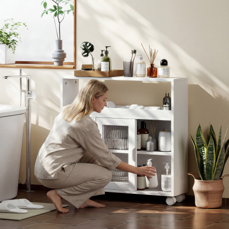  Dulap pentru Baie pe Rotile din Lemn cu Spatiu Deschis, Rafturi Reglabile si Usi din Sticla, 71x20x70 cm, Alb [7]