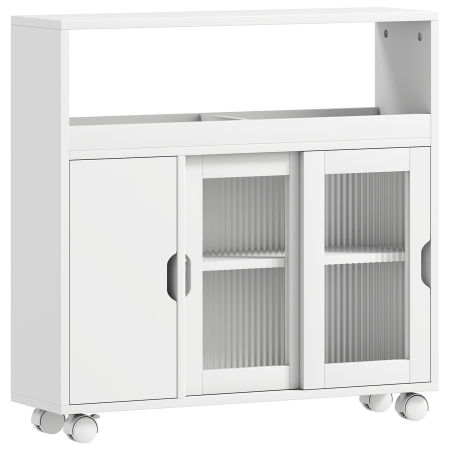 Mobilier pentru baie -  Dulap pentru Baie pe Rotile din Lemn cu Spatiu Deschis, Rafturi Reglabile si Usi din Sticla, 71x20x70 cm, Alb