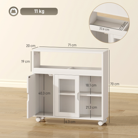  Dulap pentru Baie pe Rotile din Lemn cu Spatiu Deschis, Rafturi Reglabile si Usi din Sticla, 71x20x70 cm, Alb [2]