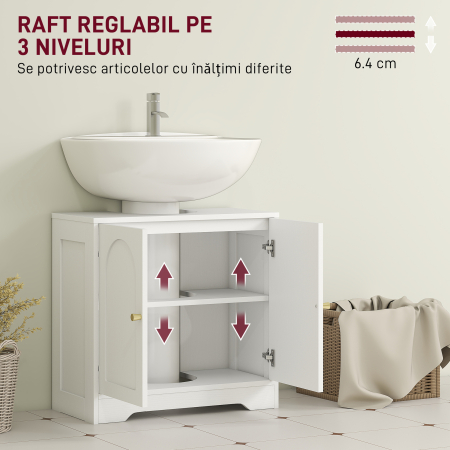  Dulap pentru baie sub chiuveta cu 2 usi si raft reglabil pe 3 niveluri, din lemn, 60x30x65 cm, alb [4]
