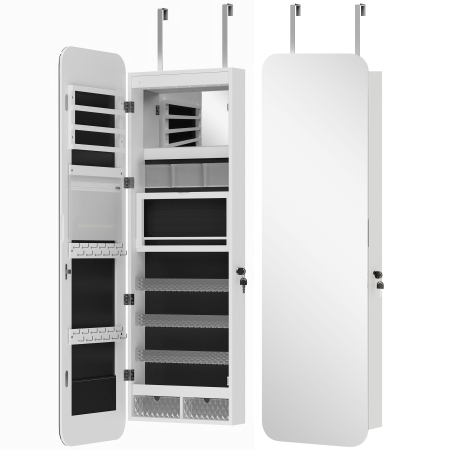 Dormitor & birou -  Dulap pentru Bijuterii Montat pe Perete cu Oglinda Interna si LED-uri, inaltime 120 cm, Economisire Spatiu pentru Usa, cu Sertare, incuietoare si Cheie, Raft Pliabil, Alb si Negru