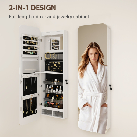  Dulap pentru Bijuterii Montat pe Perete cu Oglinda Interna si LED-uri, inaltime 120 cm, Economisire Spatiu pentru Usa, cu Sertare, incuietoare si Cheie, Raft Pliabil, Alb si Negru [3]