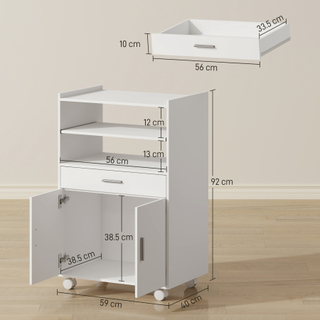  Dulap pentru Cuptorul cu Microunde din Lemn cu Sertar, Dulap cu 2 Usi si 2 Rafturi, 59x40x92 cm, Alb [2]