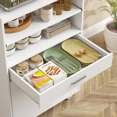  Dulap pentru Cuptorul cu Microunde din Lemn cu Sertar, Dulap cu 2 Usi si 2 Rafturi, 59x40x92 cm, Alb [8]