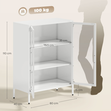  Dulap pentru Documente din Otel cu 2 Usi din Sticla Securizata, Dulap de Birou cu Rafturi Reglabile, Mobilier Multifunctional, 80x40x110 cm, Alb [2]