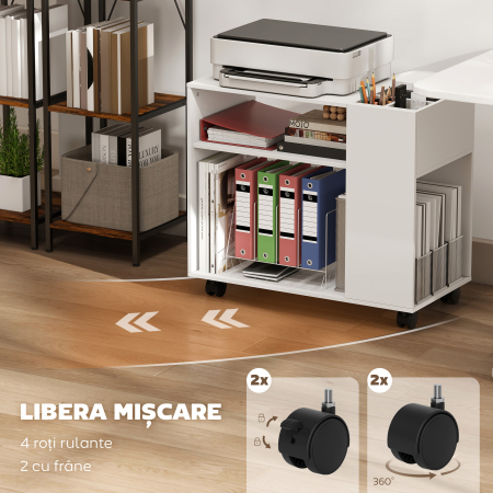  Dulap pentru Imprimanta cu Roti, Dulap Multifunctional cu Compartimente Deschise, Raft si Spatiu de Depozitare, Noptiera pentru Living, Camera sau Birou, 70x36x60 cm, Alb [5]