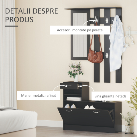  Dulap pentru Intrare Cuier cu Pantofar si Oglinda, Rafturi si Sertar, Dulap Cuier din PAL, 90x10x91 cm, Negru [4]
