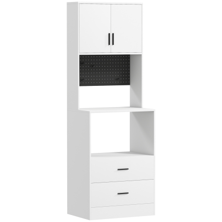 Bucatarie -  Dulap pentru Microunde cu Dulap, Blat de Lucru, Mobila de Bucatarie cu 2 Sertare, Panou Metalic, 4 Carlige, Raft Reglabil pentru Bucatarie, Sala de Masa, Living, Alb