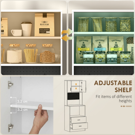  Dulap pentru Microunde cu Dulap, Blat de Lucru, Mobila de Bucatarie cu 2 Sertare, Panou Metalic, 4 Carlige, Raft Reglabil pentru Bucatarie, Sala de Masa, Living, Alb [5]