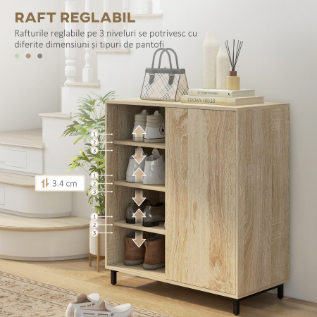  Dulap pentru Pantofi pe 4 Niveluri din PAL si Otel cu Usa Glisanta si Rafturi Reglabile, 80x40x93 cm, Lemn Natural [4]