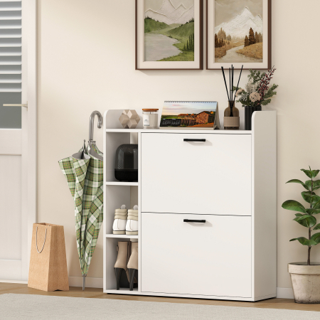  Dulap pentru pantofi slim cu 2 sertare rabatabile si 3 rafturi, Capacitate 15 perechi, 83x24x90.5 cm, Alb [7]