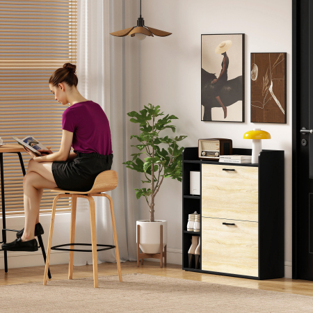  Dulap pentru pantofi slim cu 2 sertare si 3 compartimente deschise, Capacitate 15 perechi, 83x24x90.5 cm, Negru [8]