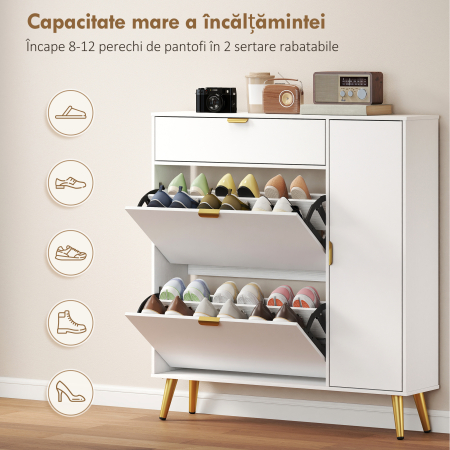  Dulap pentru Pantofi Slim cu Usi Rabatabile, Rafturi Reglabile, pentru 12 Perechi, Alb [4]