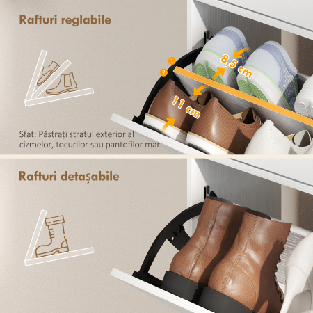  Dulap pentru Pantofi Slim cu Usi Rabatabile, Rafturi Reglabile, pentru 12 Perechi, Alb [5]