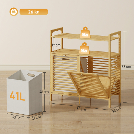  Dulap pentru rufe cu 2 cosuri de 41L si 2 rafturi, din bambus si poliester, 82x33x88 cm, culoare lemn si crem [2]