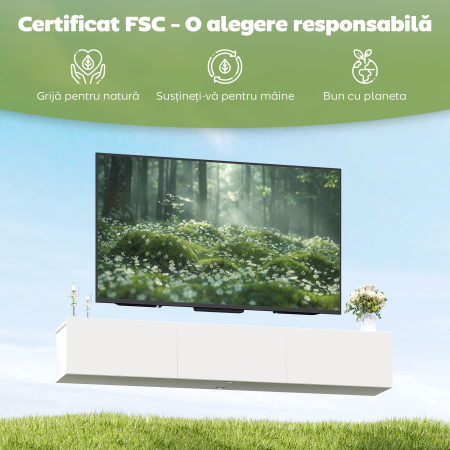  Dulap pentru televizoare de pana la 82" Suspendat cu 3 Dulapuri Rabatabile si Usi Soft Close, Alb [7]