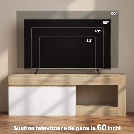  Dulap pentru TV de 60" cu Dulapior, 2 Usi si Raft Deschis, Mobilier TV din Lemn, 140x40x48 cm, Lemn Natural [6]