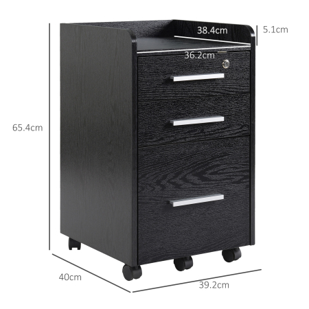  Dulap Portadocumente din Lemn cu 3 Sertare cu Chei de Securitate si 5 Roti, 39.2x40x65.4 cm, Negru [2]