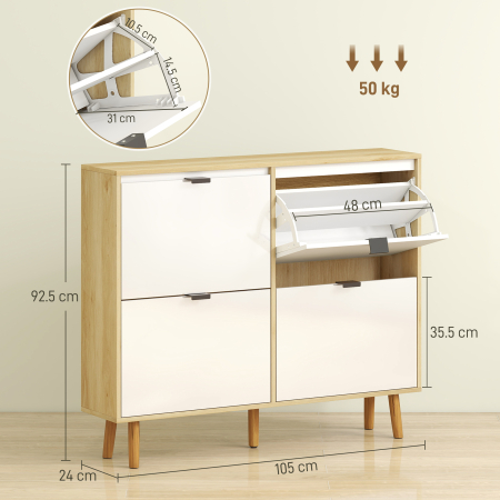  Dulap Slim Modern pentru Pantofi cu 4 Sertare Rabatabile, Capacitate 20 Perechi de Pantofi, 105x24x92.5 cm, Alb [2]