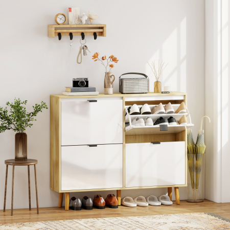 Dulap Slim Modern pentru Pantofi cu 4 Sertare Rabatabile, Capacitate 20 Perechi de Pantofi, 105x24x92.5 cm, Alb [1]