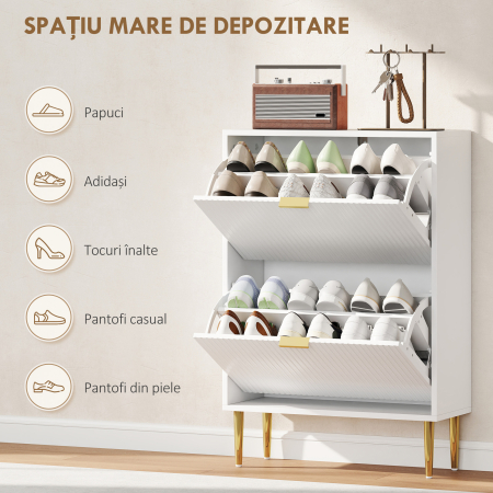  Dulap Slim pentru 12 Perechi de Pantofi, cu 2 Sertare Rabatabile si Rafturi Reglabile, 60x24x91.5 cm, Alb [4]