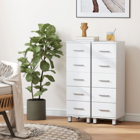  Dulap Slim pentru Baie cu 5 Sertare, Dulap Compact cu Manere Moderne, Comoda ingusta pentru Camera, Bucatarie sau Hol, 30x30x95 cm, Alb [8]