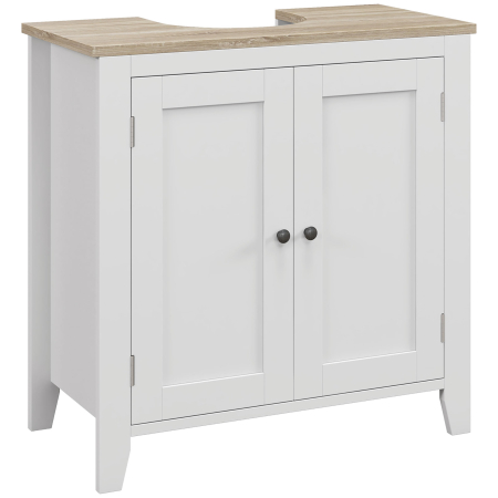 Mobilier pentru baie -  Dulap sub Chiuveta Baie in forma de U cu Raft Reglabil la Interior, din MDF, 60x30x60 cm, Alb si Lemn Natur